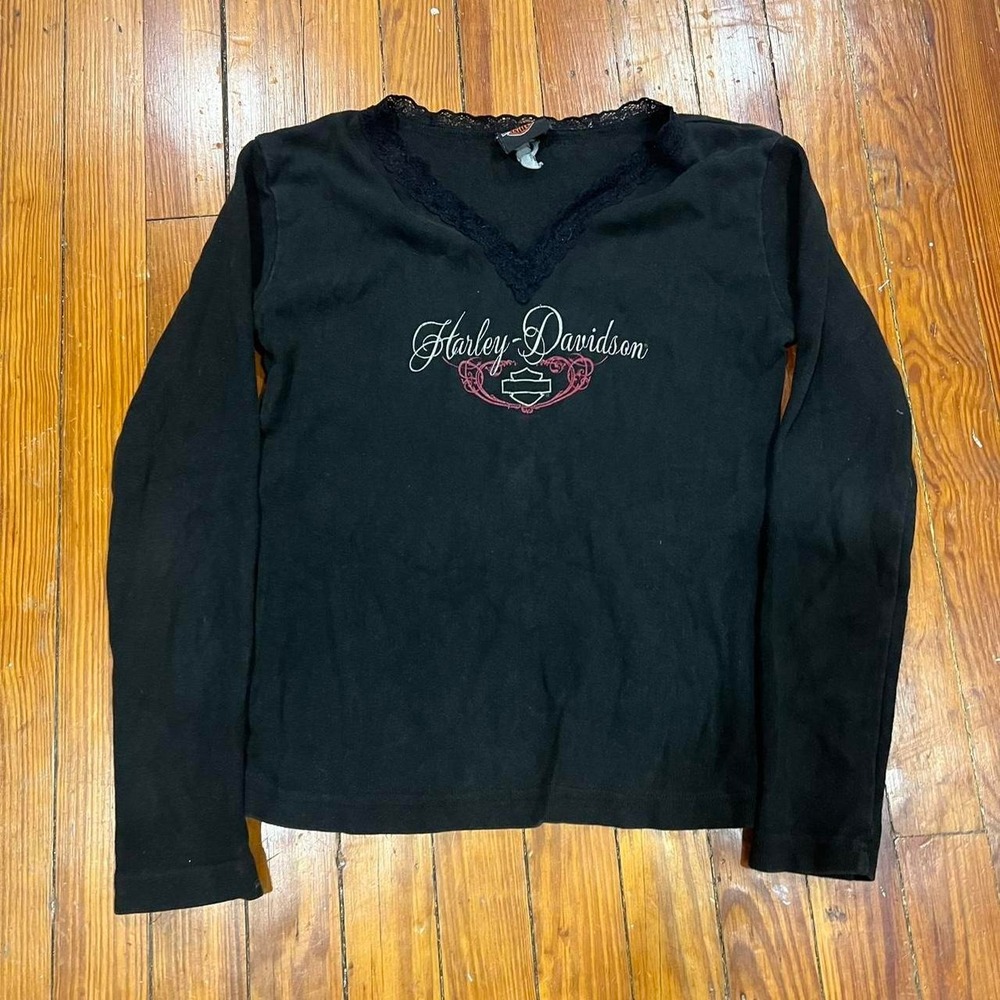Y2K 2000s black Harley Davidson logo lace v-neck longsleeve t-shirt Size M